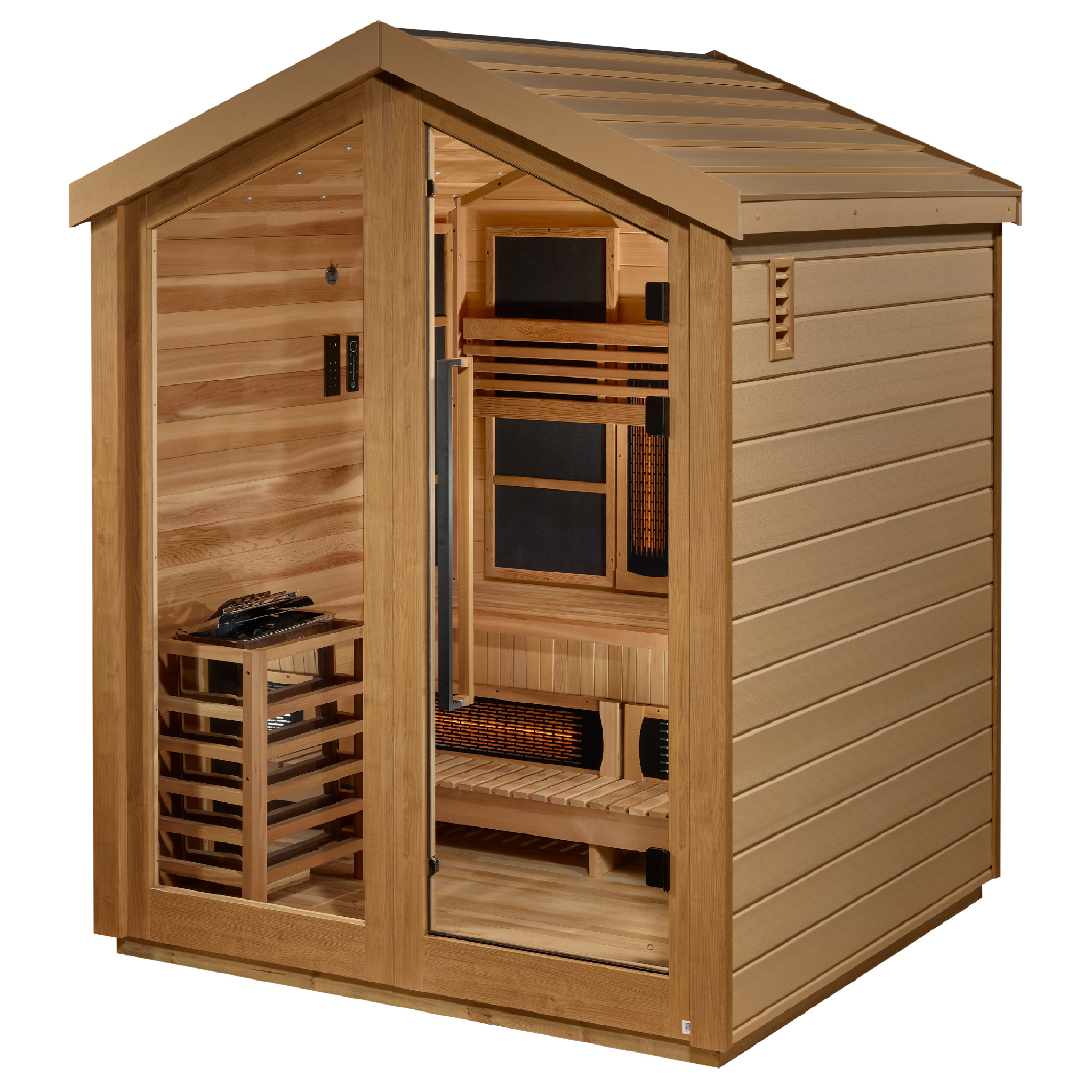 Golden Designs Loviisa 3 Person Hybrid Outdoor Sauna | PureTech™ Full Spectrum Infrared & Traditional Stove | Near Zero EMF | Canadian Red Cedar Interior | SKU: GDI-8523-01