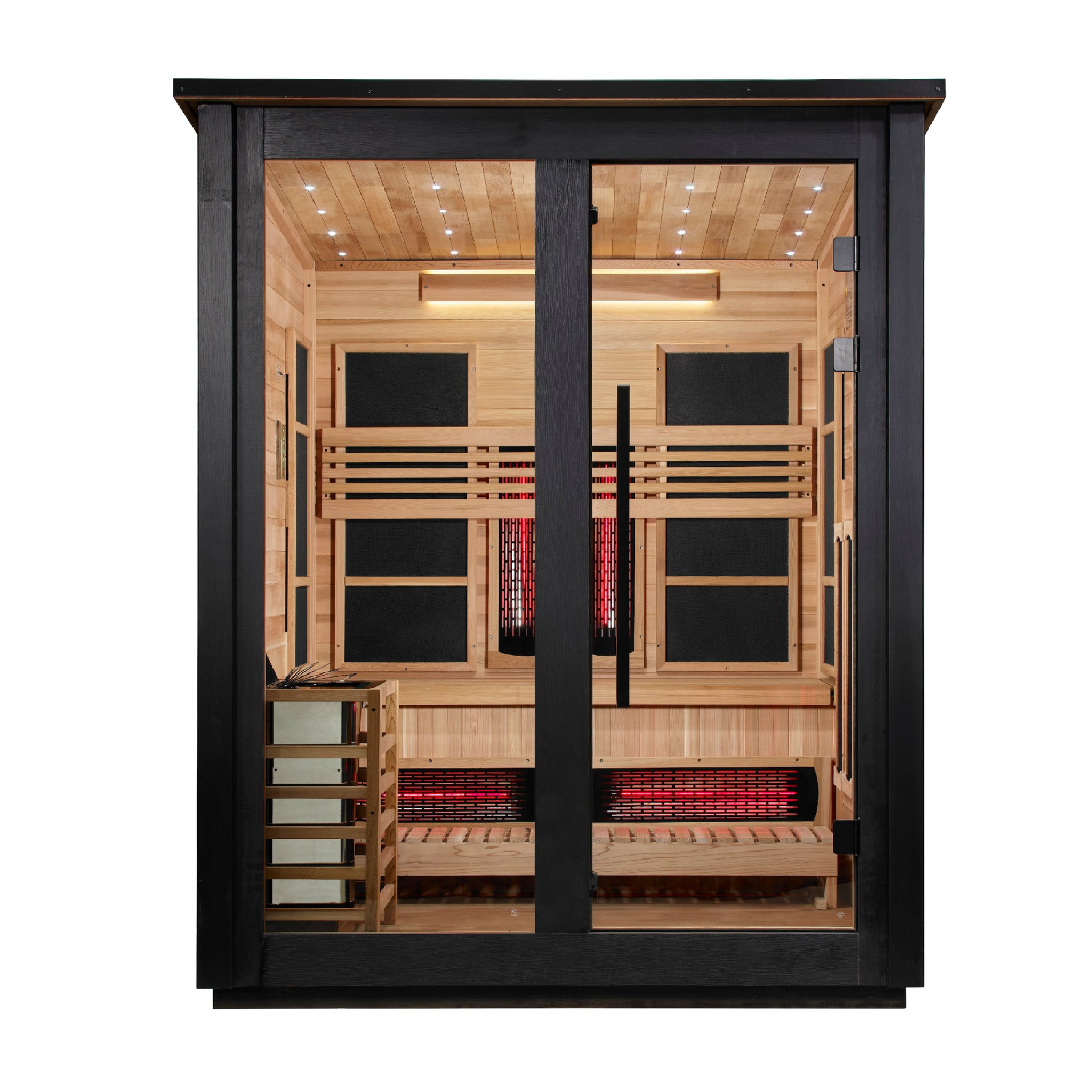 Golden Designs Loviisa 3 Person Hybrid Outdoor Sauna, PureTech™ Full Spectrum Infrared or Traditional Stove, Canadian Red Cedar Interior, 2 Tone Finish, GDI-8523-03