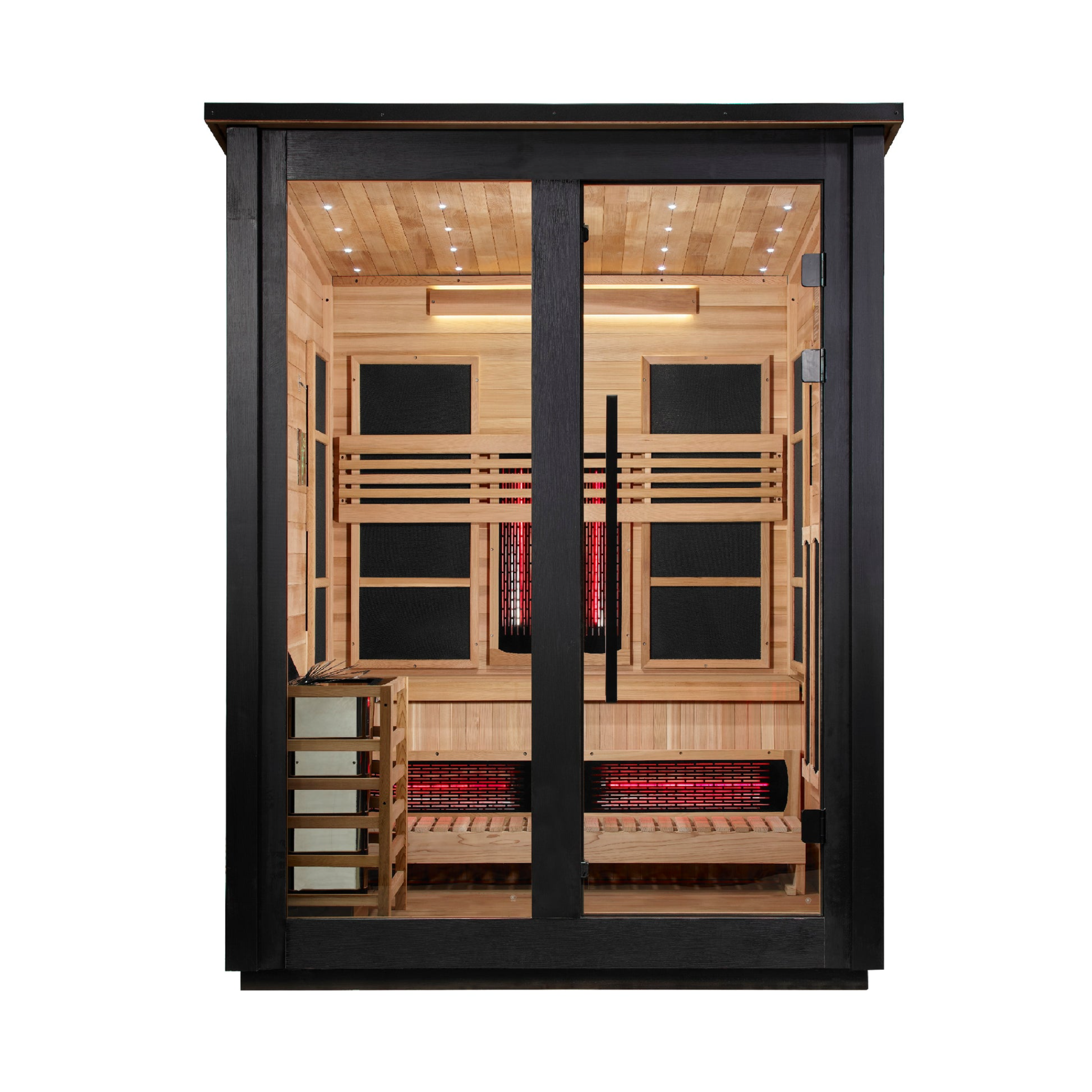 Golden Designs Loviisa 3 Person Hybrid Outdoor Sauna, PureTech™ Full Spectrum Infrared or Traditional Stove, Canadian Red Cedar Interior, Black Finish, GDI-8523-04