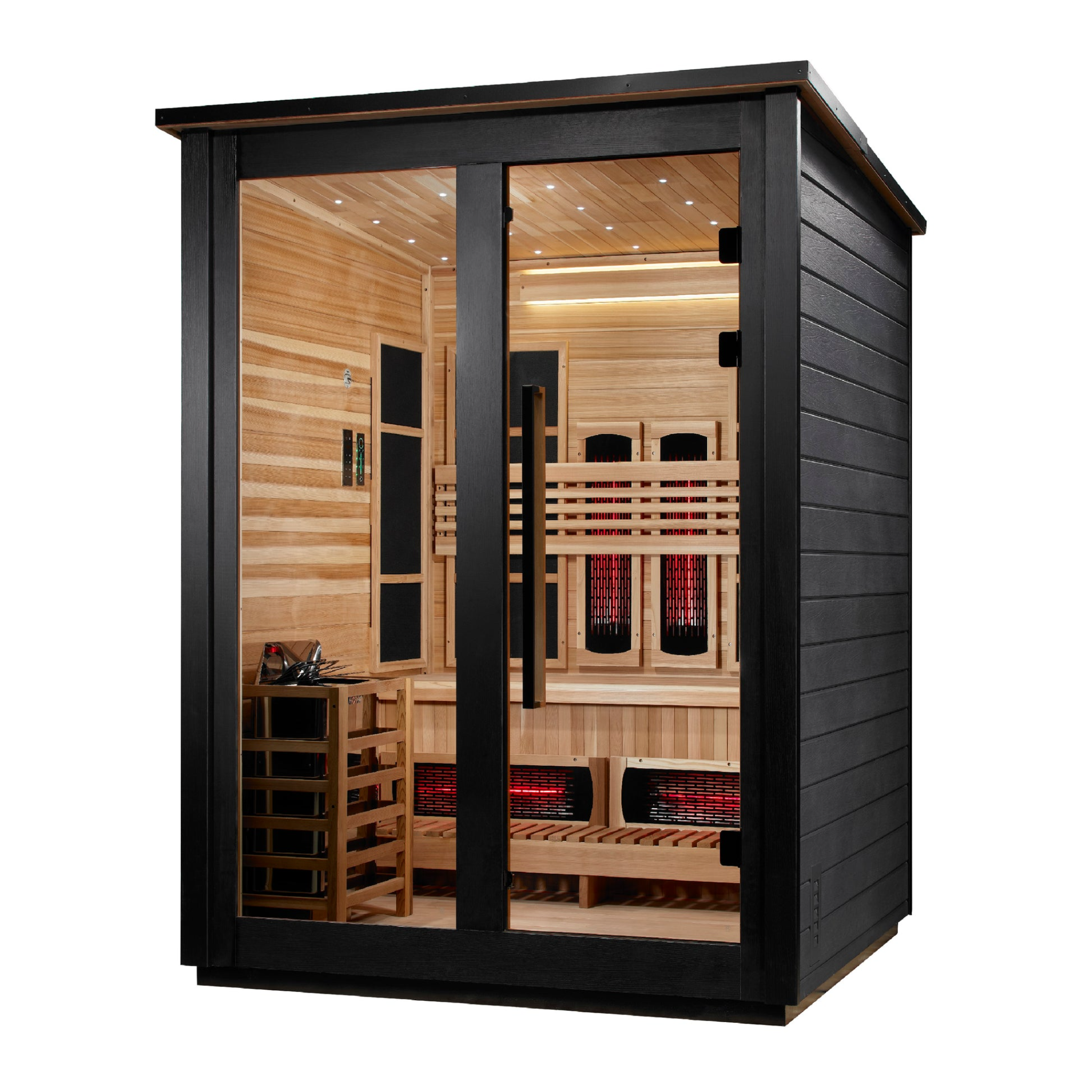 Golden Designs Loviisa 3 Person Hybrid Outdoor Sauna, PureTech™ Full Spectrum Infrared or Traditional Stove, Canadian Red Cedar Interior, Black Finish, GDI-8523-04