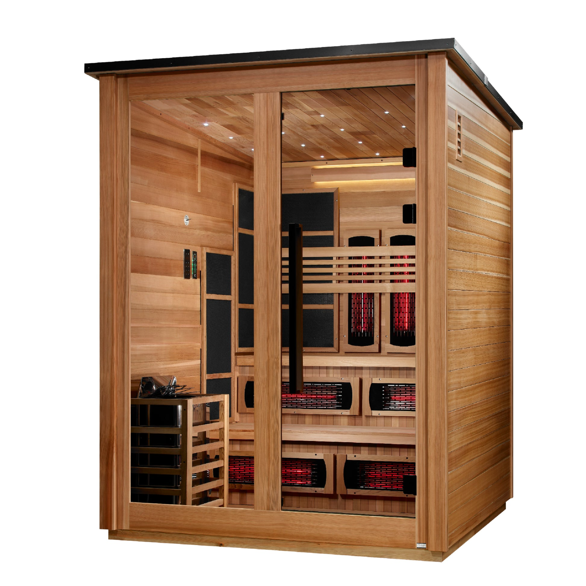 Golden Designs Kaskinen 6 Person Hybrid Outdoor Sauna, PureTech™ Full Spectrum Infrared or Traditional Stove, Canadian Red Cedar Interior, Pacific Cedar Finish, GDI-8526-02