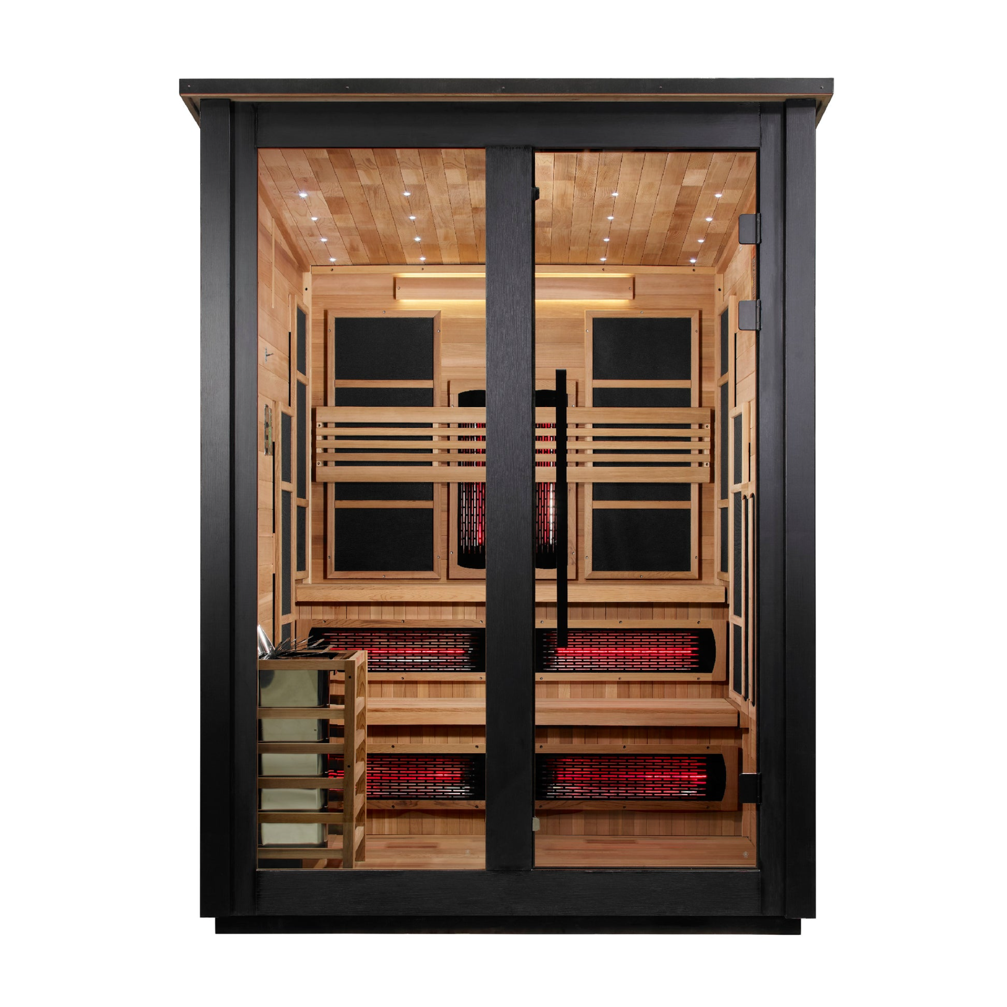 Golden Designs Kaskinen 6 Person Hybrid Outdoor Sauna, PureTech™ Full Spectrum Infrared or Traditional Stove, Canadian Red Cedar Interior, 2 Tone Finish, GDI-8526-03