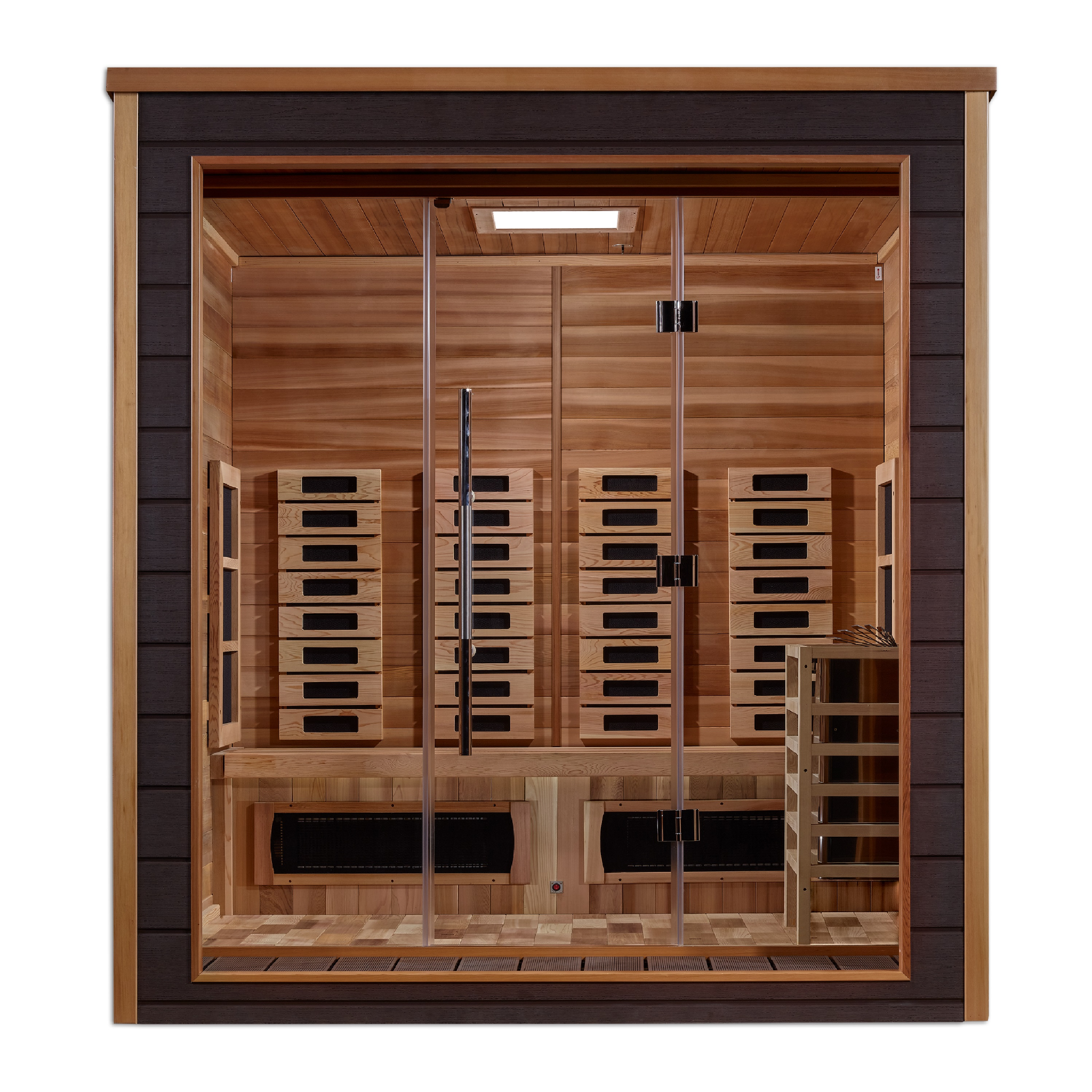 Golden Designs Visby 3 Person Hybrid Outdoor Sauna | PureTech™ Full Spectrum Infrared & Traditional Stove | Canadian Red Cedar Interior | GDI-8223-01