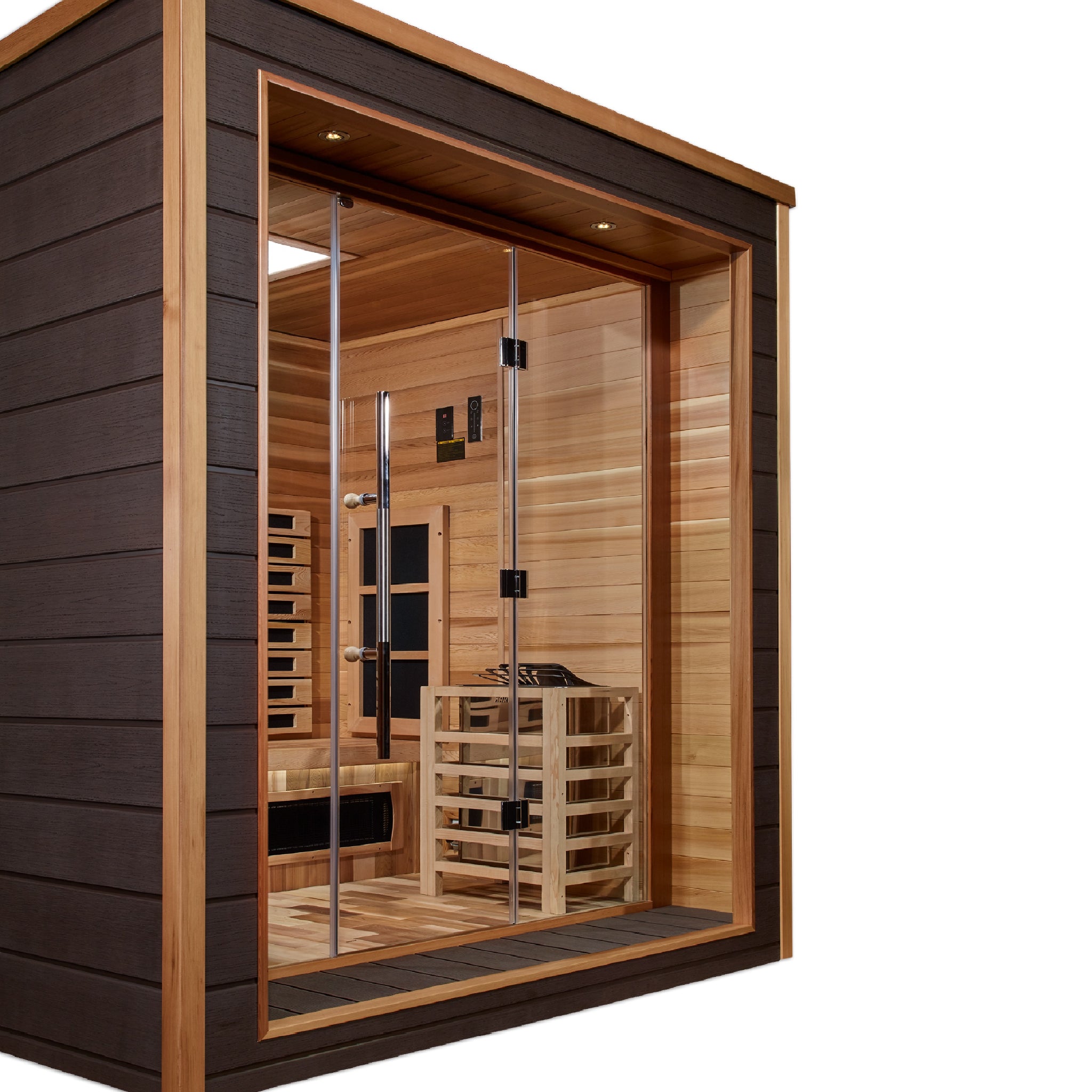Golden Designs Visby 3 Person Hybrid Outdoor Sauna | PureTech™ Full Spectrum Infrared & Traditional Stove | Canadian Red Cedar Interior | GDI-8223-01