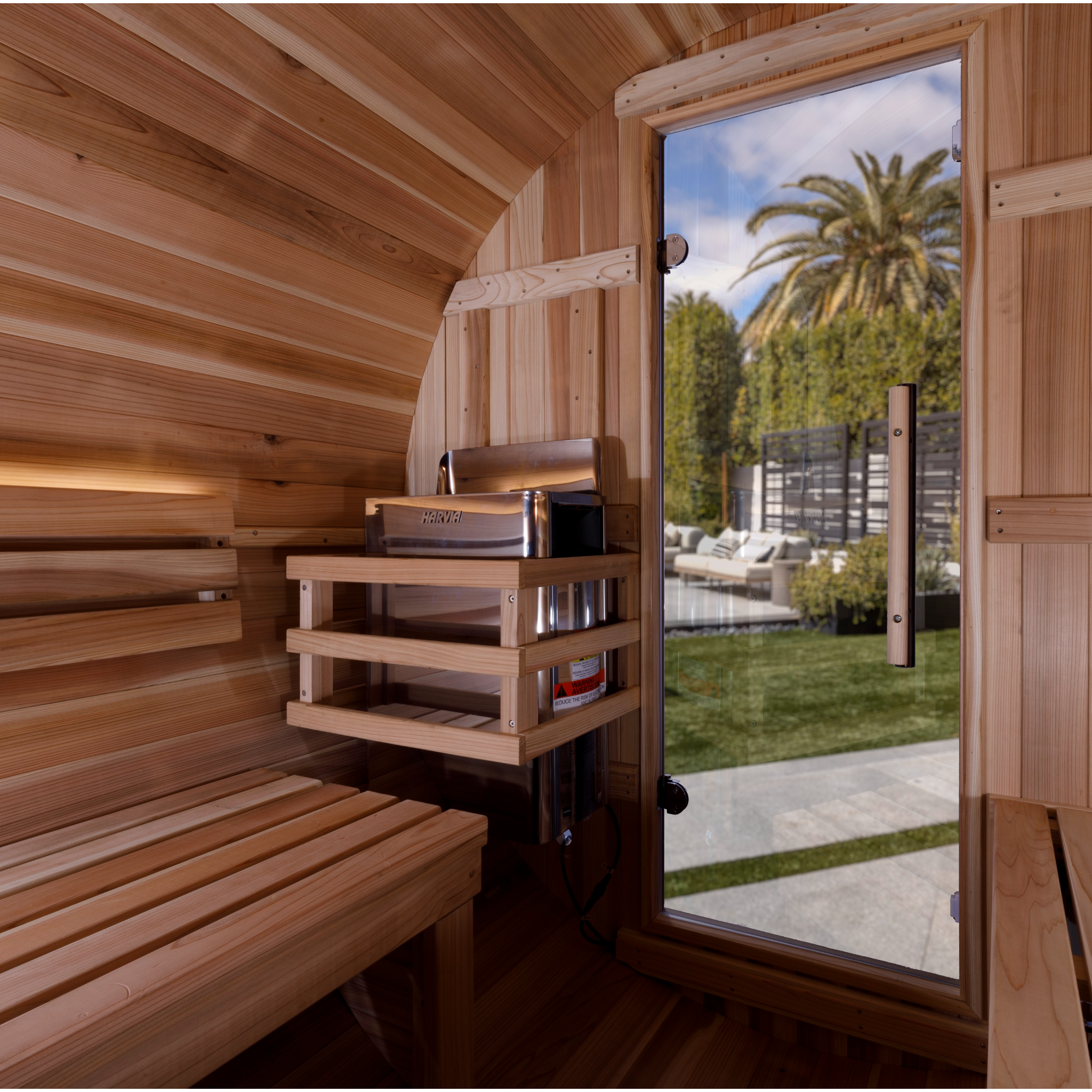 Golden Designs Zurich 4 Person Outdoor Barrel Traditional Sauna with Bronze Privacy View, Pacific Premium Cedar, GDI-B024-01