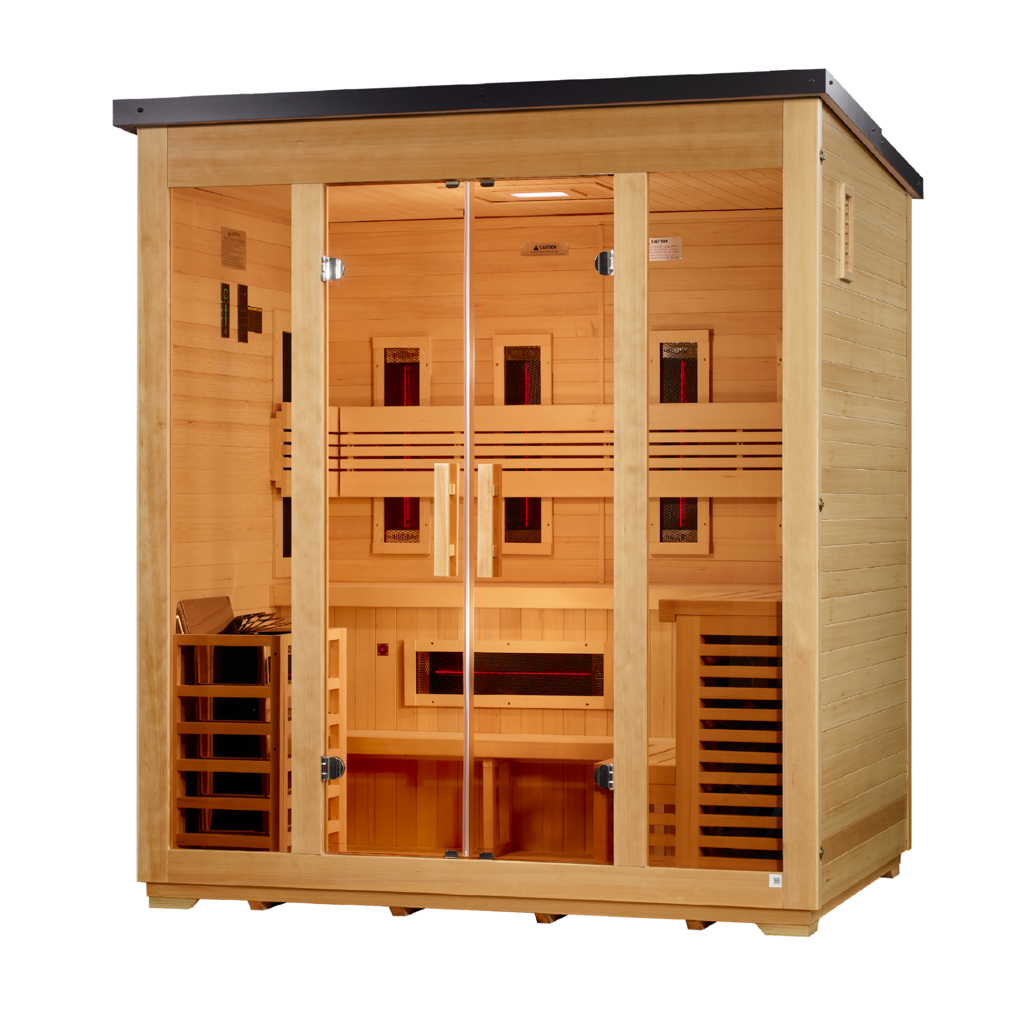 Golden Designs Gargellen 5 Person Hybrid Indoor-Outdoor Sauna, PureTech™ Full Spectrum Infrared & Traditional Stove, Canadian Hemlock, Flat Roof, GDI-8025-01